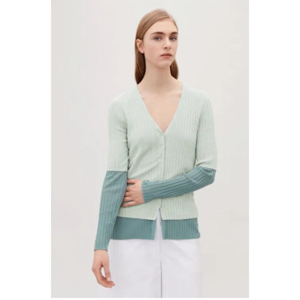COS Two-Tone Mint Ribbed V-Neck Cardigan